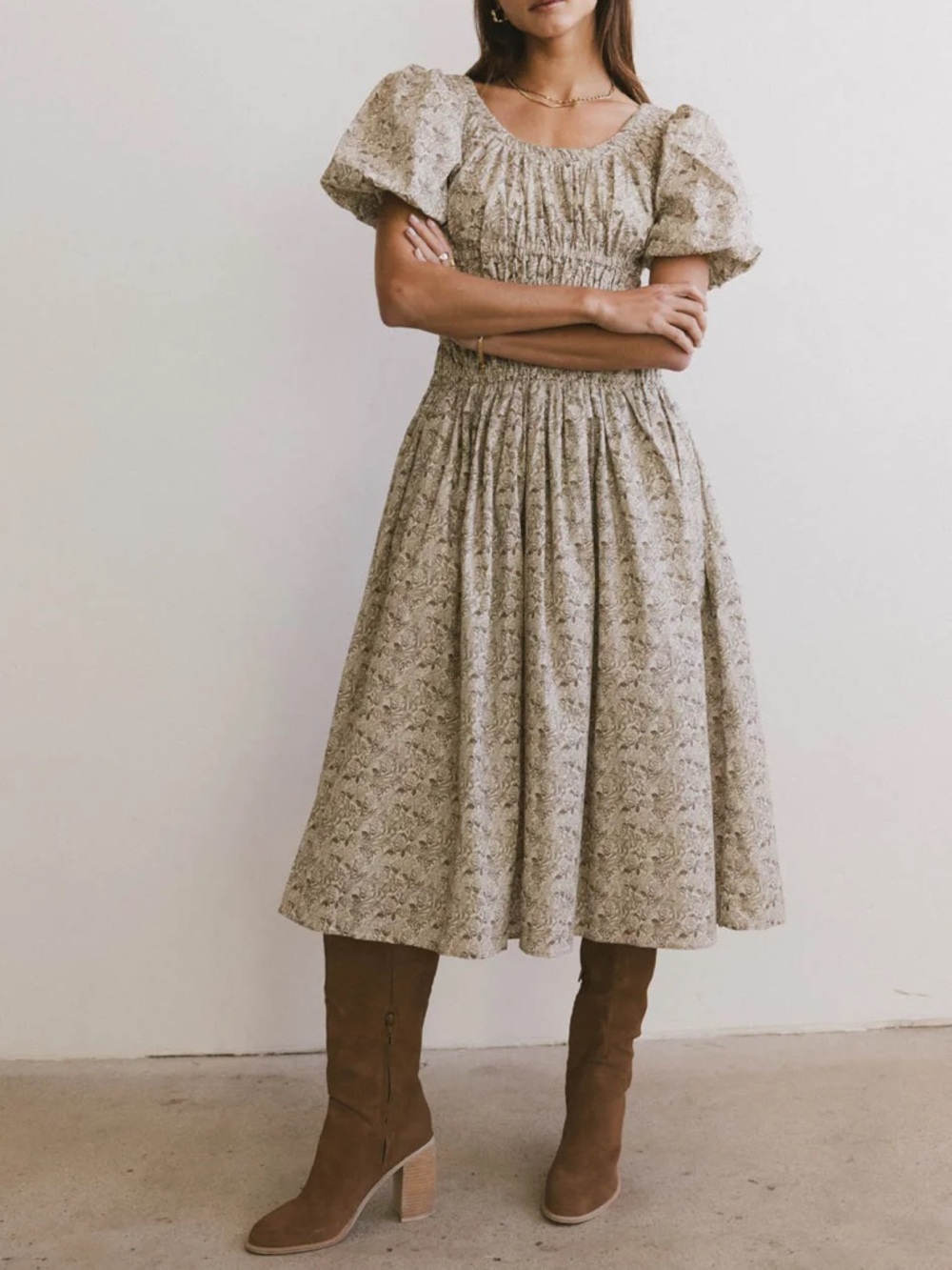 Brown and beige Puff-Sleeve Smocked Midi Dress